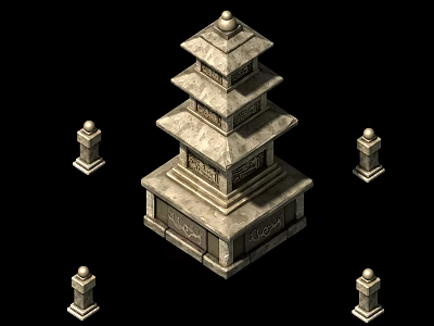 Cartoon Style Ancient Stone Pagoda Featuring Multi Tiered Design And Surrounding Pillars 3d model