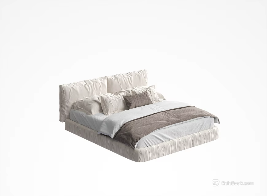 Modern Minimalist Double Bed With Padded Headboard And Neutral Tones Bedding 3d model