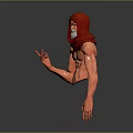 Shirtless Man With Red Hood One Yellow Eye Beard And Outstretched Arm In Gray Background