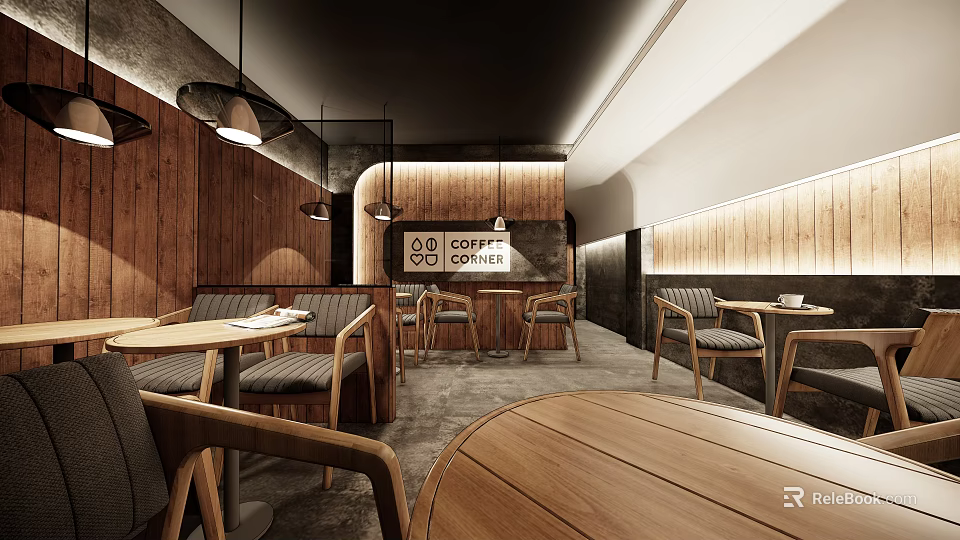 Modern Warm Café Interior Design With Wooden Tables Chairs And Hanging Pendant Lights 3d model 