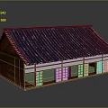 Cartoon Scene of Traditional Building With Blue Tiled Roof Brown Walls and White Lattice Windows
