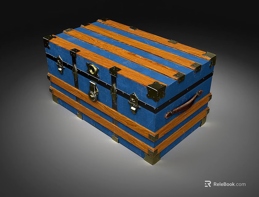 Vintage Blue And Orange Striped Trunk With Metal Hardware And Handles 3d model 