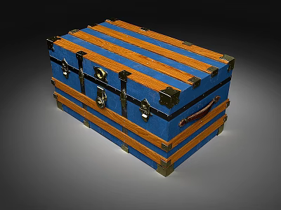 Vintage Blue And Orange Striped Trunk With Metal Hardware And Handles 3d model