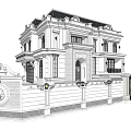 European Style Detached Villa With Two Story Symmetrical Design Wrought Iron Gate And Arched Door
