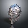 Medieval Metal Helmet With Ornate Riveted Design Intricate Patterns And Face Guard