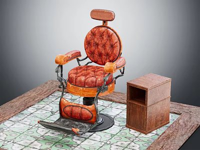 Vintage Leather Massage Chair With Tufted Seat And Wooden Cabinet On Patterned Tiles 3d model
