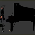 Black Grand Piano with Open Lid and Art Supplies Including Paintbrushes