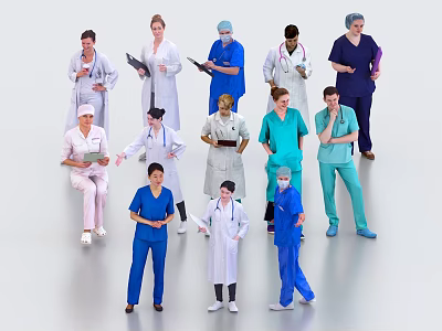 Diverse Group of Healthcare Workers in Various Uniforms with Stethoscopes and Records 3d model