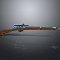 Rifle With Wooden Stock And Scope On Gray Background With Reflective Surface