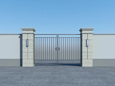 Modern Iron Gate Design with Stone Pillars Gray Wall and Blue Sky Exterior 3d model