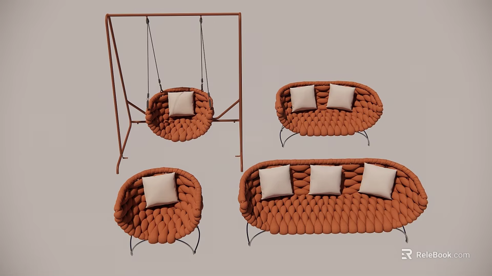 Orange Woven Sofa Set With Comfortable Chairs And Swing Chair Design 3d model