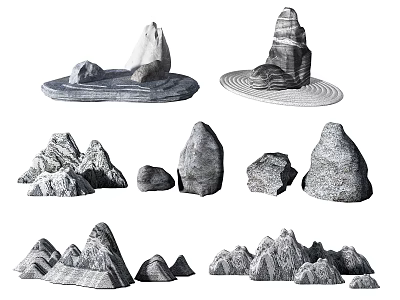 Garden Ornaments Featuring Various Shaped Stones and Stacked Formations with Platform Bases for Landscape Decoration 3d model