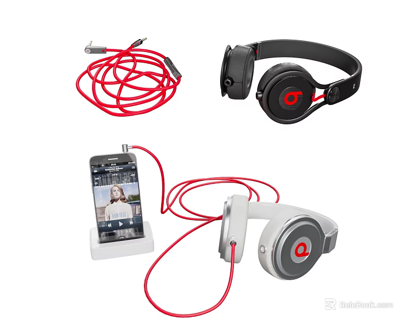 Black And White Wired Over Ear Headphones With Red Cable And Mobile Phone Connection 3d model 