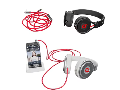 Black And White Wired Over Ear Headphones With Red Cable And Mobile Phone Connection 3d model