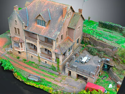 Traditional Stone Building With Sloped Roof Balcony Courtyard Table Chairs Green Vegetation 3d model