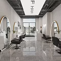 Modern Hair Salon Interior Design With Round Mirrors Black Barber Chairs And Gray Floors