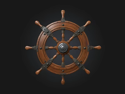 Vintage Wooden Ship Wheel With Metal Accents And Nautical Design Elements 3d model