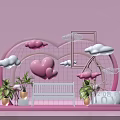 Romantic Valentine's Day Decor Featuring Pink Heart Clouds White Bench LOVE Letters And Green Plants