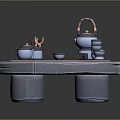 Ceramic Tea Set With Teapot Cups And Jars On Striped Mat Over Round Table