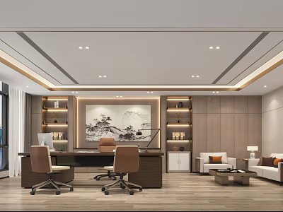 Modern Office Interior with Large Desk Office Chairs Landscape Painting Bookshelves and Sofa 3d model