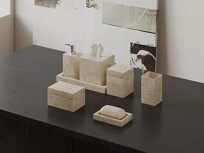 Elegant Marble Bathroom Accessories With Soap Dish Tissue Box Cup On Dark Countertop 3d model