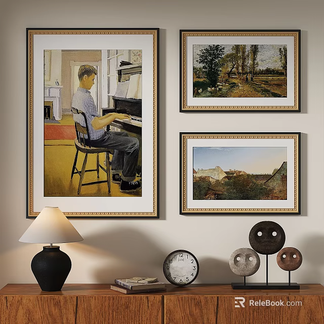 Oil Paintings On Wall With Man Playing Piano Landscape Art And Decorative Items 3d model 