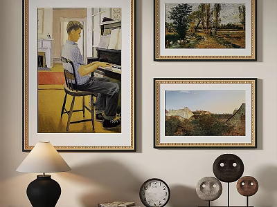 Oil Paintings On Wall With Man Playing Piano Landscape Art And Decorative Items 3d model