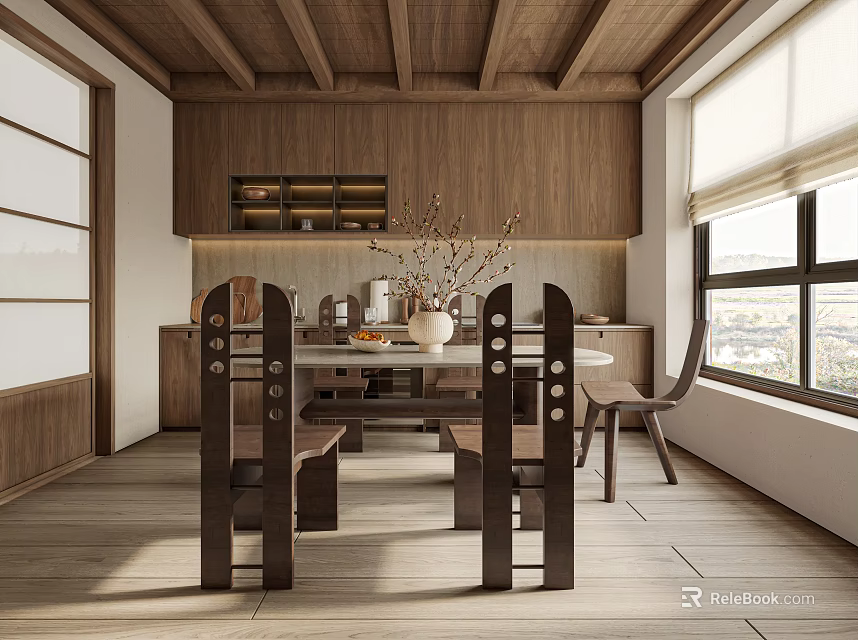Cozy Natural Wood Restaurant Interior Design With Open Kitchen And Large Windows For Bright Daylight 3d model 