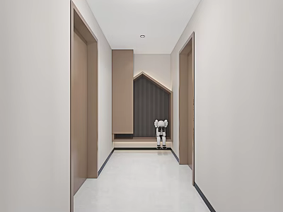 Modern Minimalist Hallway Interior With Beige Walls Wooden Doors And Tile Floor 3d model