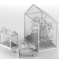 Decorative Ornament Set With Small And Large Glass Greenhouse Terrariums Plants And Stacked Books