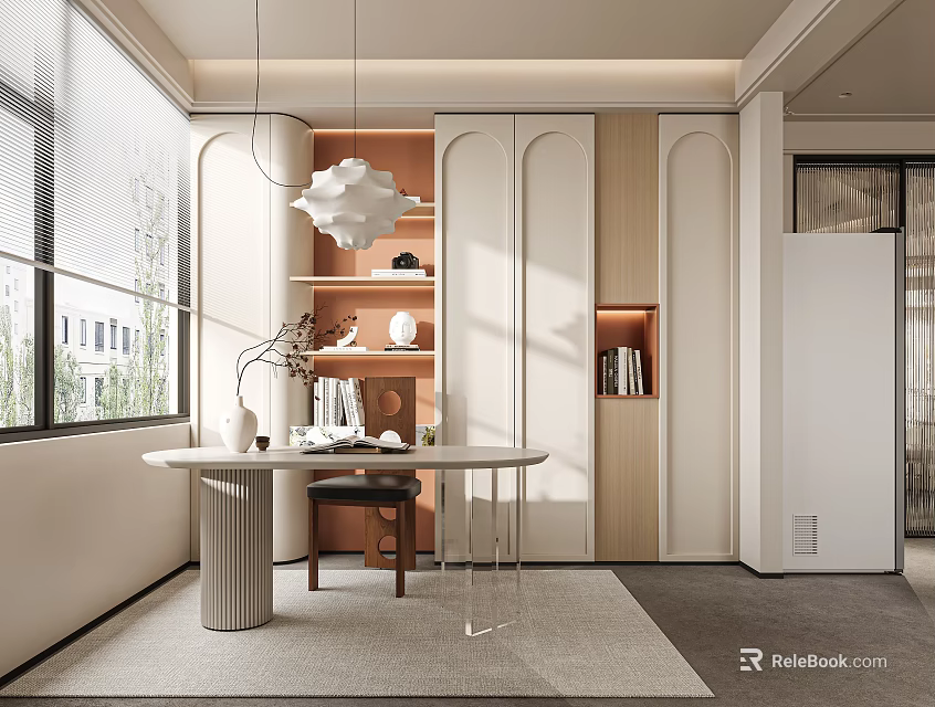 Modern Open Concept Study Room Interior Design With Desk Bookshelves And Windows 3d model