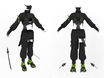 Stylish Black Green Techwear Clothing Design With Functional Sleeves Pants And Accessories 3d model