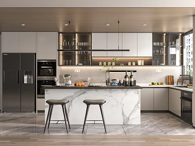 Modern Kitchen Interior With Marble Island Stools Cabinets And Stainless Steel Appliances 3d model