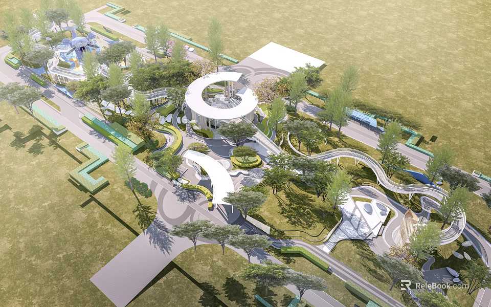Modern Plaza Landscape With Circular Building Winding Paths Lush Greenery And Open Spaces 3d model 