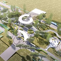 Modern Plaza Landscape With Circular Building Winding Paths Lush Greenery And Open Spaces
