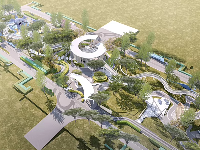 Modern Plaza Landscape With Circular Building Winding Paths Lush Greenery And Open Spaces 3d model