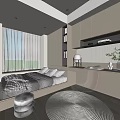 Minimalist Tatami Bedroom Interior With Built in Bookshelf Study Desk Transparent Chair And White Curtains