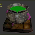 Old Rusty Metal Cauldron Filled With Green Liquid On Cracked Brick Base