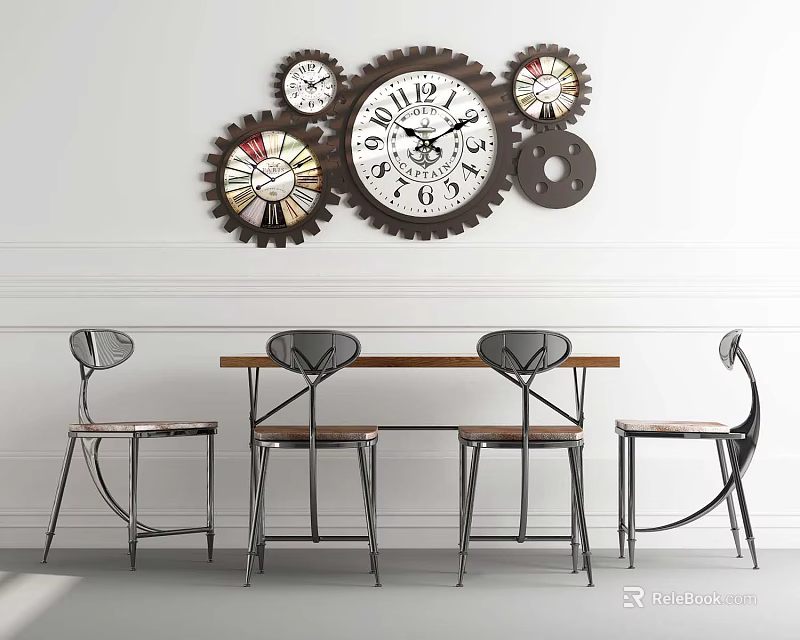 Dining Table Set With Four Chairs And Decorative Wall Gear Clocks 3d model