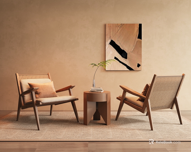 Minimalist Leisure Chairs With Wooden Frame Woven Details And Side Table In Cozy Living Space 3d model 