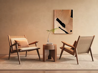 Minimalist Leisure Chairs With Wooden Frame Woven Details And Side Table In Cozy Living Space 3d model