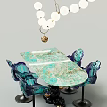 Modern Teal Dining Table Set With Chairs And White Gold Chandelier