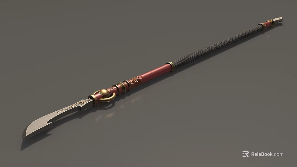 Traditional Spear Weapon With Red Handle Black Grip Golden Accents And Metal Spearhead 3d model 