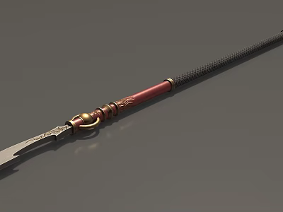 Traditional Spear Weapon With Red Handle Black Grip Golden Accents And Metal Spearhead 3d model