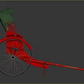 Red Rickshaw With Green Canopy And Three Wheel Structure On Gray Background With Reflection 3d model