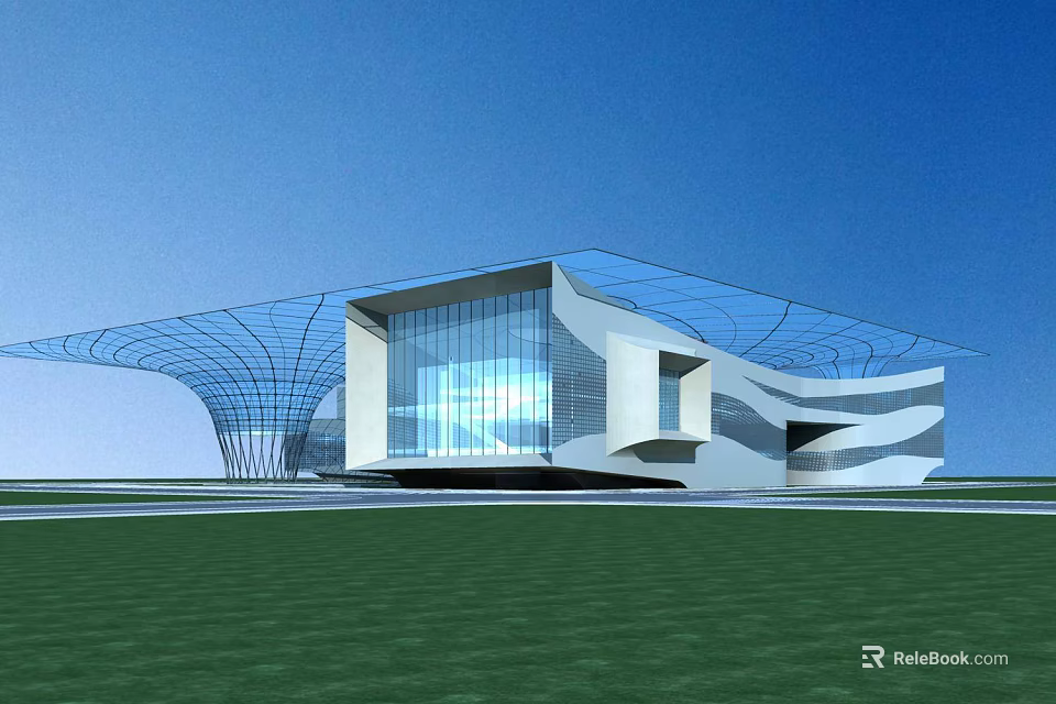Modern Architectural Building With Glass Curtain Walls Streamlined Roof And Green Lawn Under Blue Sky 3d model 