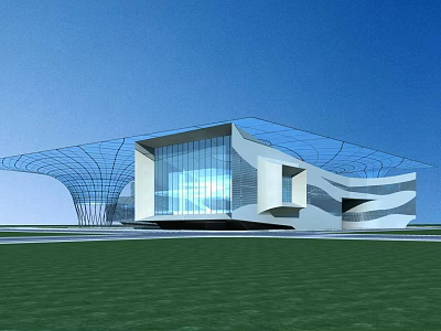 Modern Architectural Building With Glass Curtain Walls Streamlined Roof And Green Lawn Under Blue Sky 3d model