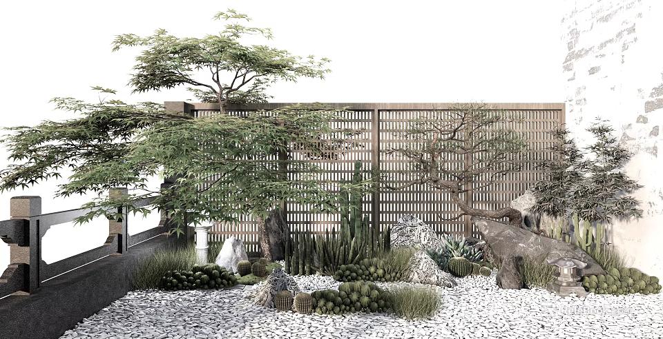 Garden Ornament Design With Bamboo Fence Trees Cacti Stones And Gravel Ground 3d model 