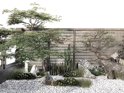 Garden Ornament Design With Bamboo Fence Trees Cacti Stones And Gravel Ground 3d model