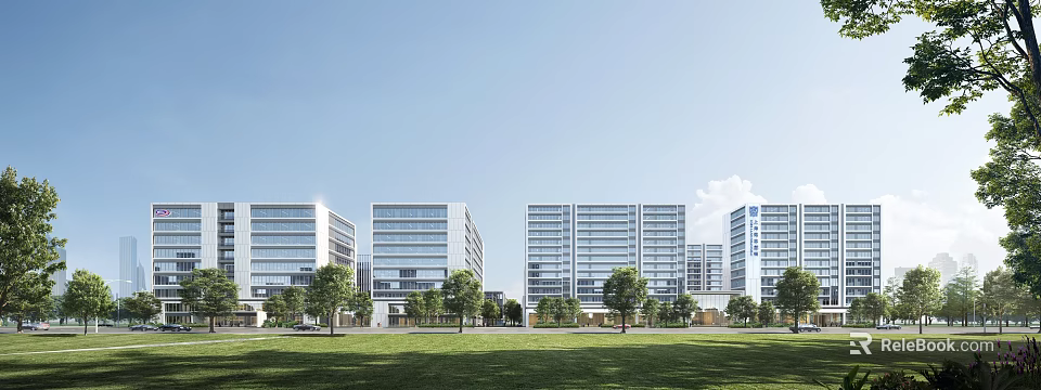 Modern Industrial Park With High-Rise Buildings Green Lawns And Trees 3d model 